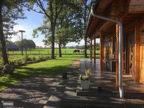 a porch of a house with a horse in the field at Houten villa Albert in Den Ham
