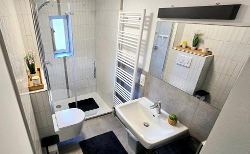 a bathroom with a sink and a shower and a toilet at Salem´s Treasure Manor in Salem