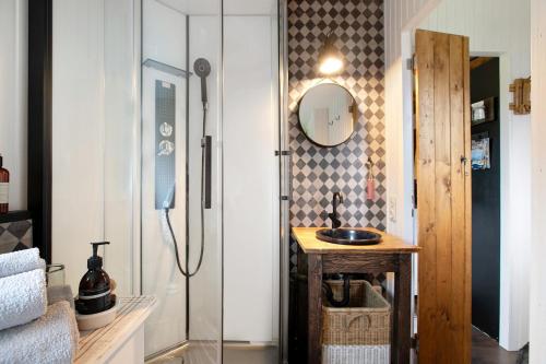a bathroom with a sink and a mirror at Lütte Hütte in Hennstedt
