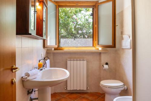 a bathroom with a sink and a toilet and a window at Bilo Erica in Marina di Grosseto