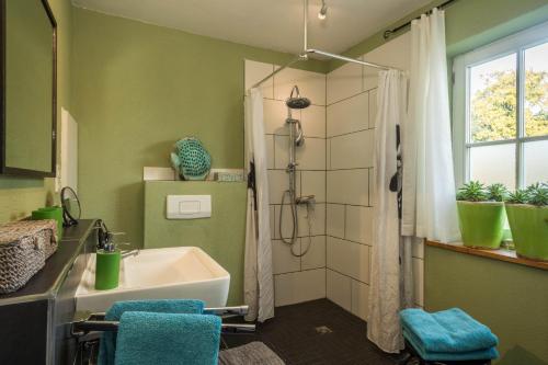 a bathroom with a shower and a sink and a tub at Ferienhaus Landlust-Karsee in Wangen im Allgäu