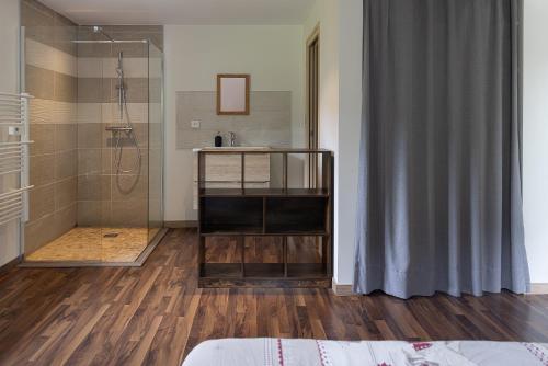 a bathroom with a shower and a sink at Chalet La Sentinelle in Bellecombe