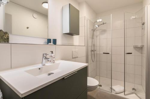 a bathroom with a sink and a shower at Zum Krähenholz Wohnung 9 in Husby