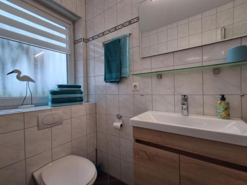 a bathroom with a sink and a toilet and a window at Tobel Lounge in Sigmarszell