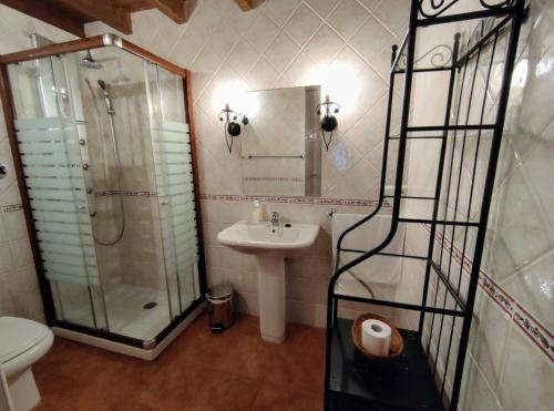 a bathroom with a sink and a shower and a toilet at Apartamento Rural Rubó in Alles