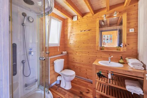 a bathroom with a toilet and a sink and a shower at Gite Escale Bien Etre à Biscarrosse in Biscarrosse