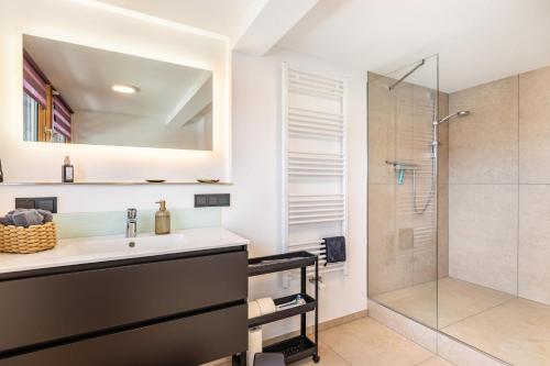 a bathroom with a sink and a shower at Auszeit Matzi in Öhningen