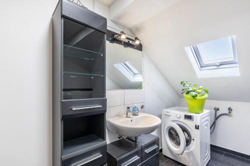 a bathroom with a sink and a washing machine at Panda in Babenhausen