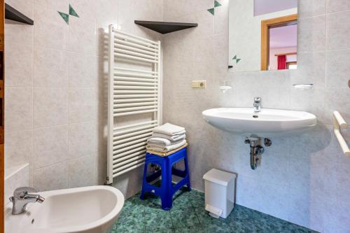 a bathroom with a sink and a toilet and a mirror at Lindenhof Apt 2 in Vandoies