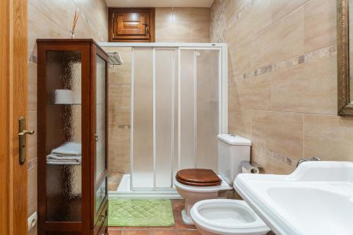 a bathroom with a toilet and a sink and a shower at Rural Mas Vila in Fogás de Tordera