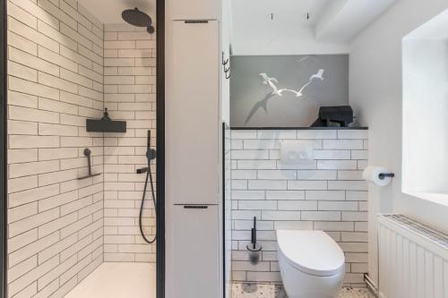 a bathroom with a toilet and a shower at Loft32 in Nordstrand