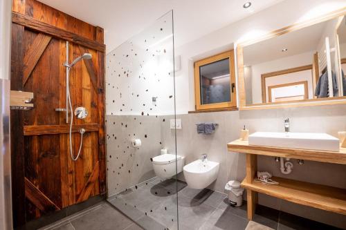 a bathroom with a shower and a toilet and a sink at Ladinser Hof Kuschelecke in Castelrotto