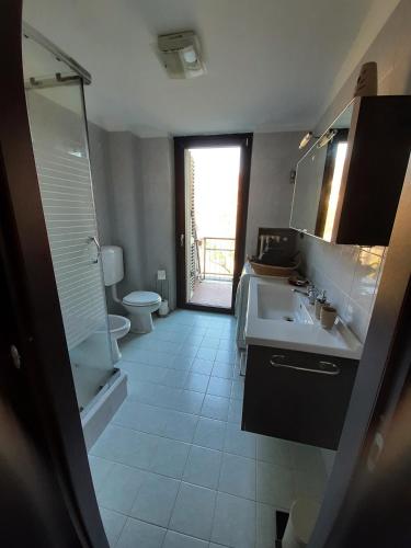 a bathroom with a sink and a shower and a toilet at La Casa di Aldo 15 minuti da Torino in Pecetto