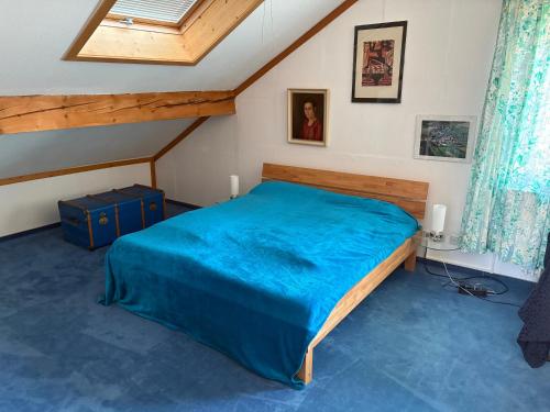 a bedroom with a bed with a blue blanket at Ferienhaus Unteres Hart in Gomadingen