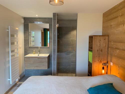 a bedroom with a sink and a shower with a mirror at Flambeaux A 12 Roca immobilier in Châtel
