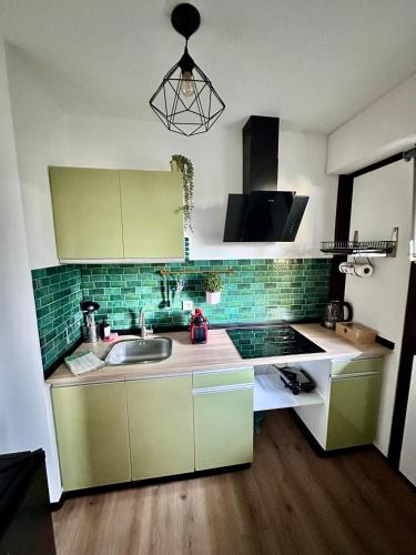 a kitchen with green cabinets and a sink at Schwarzwald Martini in Sasbachwalden