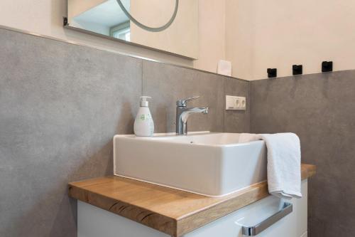 a bathroom with a sink and a mirror at Bio Bausewein - No.1 Apartment in Iphofen