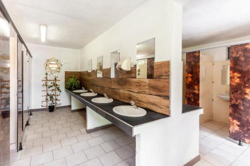 a bathroom with three sinks and a row of mirrors at Pod insolite nature - vue verdure in Touët-sur-Var