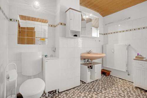 a white bathroom with a toilet and a sink at Haus Marianne in Bischofswiesen