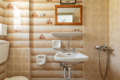 a bathroom with a sink and a toilet and a mirror at Perasma Studio 6 in Kipri