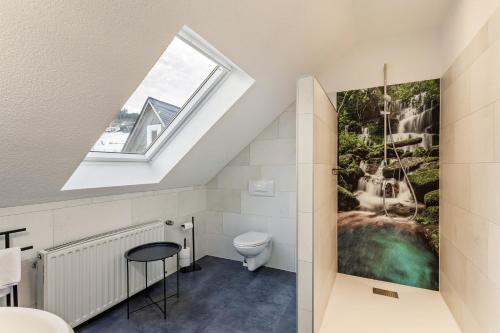 a skylight in a bathroom with a toilet and a window at Pistenblick in Willingen