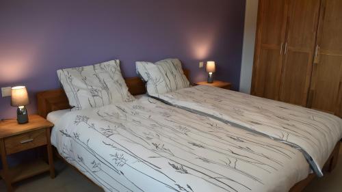 a bedroom with a bed with two nightstands and two lamps at Ferienwohnung Wilhelmshof in Sinzig