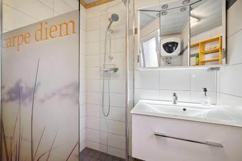 a bathroom with a sink and a shower at Ferienhaus 249 - Haus Seeblick in Zadelsdorf