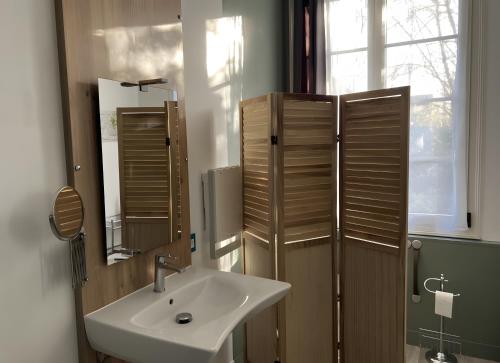 a bathroom with a sink and a mirror at Gite des Coteaux Pmr in Sainte-Maure-de-Touraine