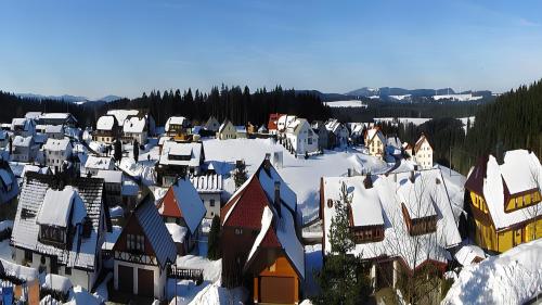 an aerial view of a village covered in snow at Haus Kandelblick in Furtwangen