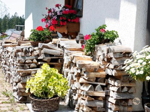 a stack of logs with potted plants and flowers at Haus Kandelblick in Furtwangen