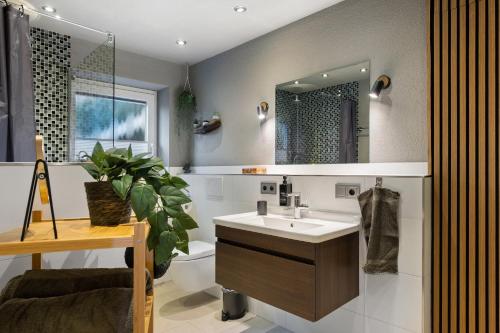 a bathroom with a sink and a mirror at Panoramablick und Ruhe in Titisee-Neustadt