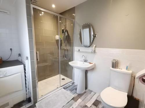 a bathroom with a shower and a toilet and a sink at Maison Entre Les Ports in Les Sables-d'Olonne