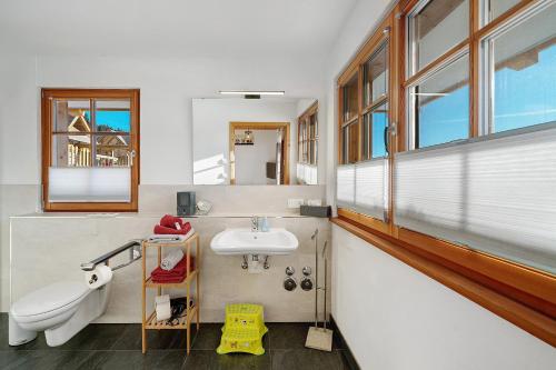 a bathroom with a sink and a toilet and window at Ferienwohnung Holzfäller in Lenzkirch