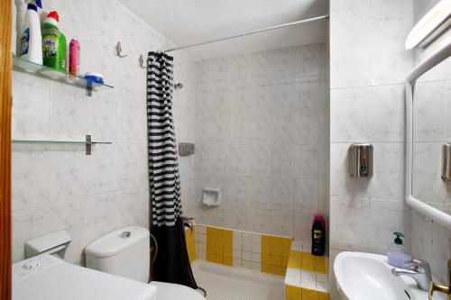 a bathroom with a shower and a toilet and a sink at Apartamento Yumbo Roque Nublo in San Bartolomé
