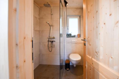 a bathroom with a glass shower with a toilet at Panoramahisli 4 in Fischerbach