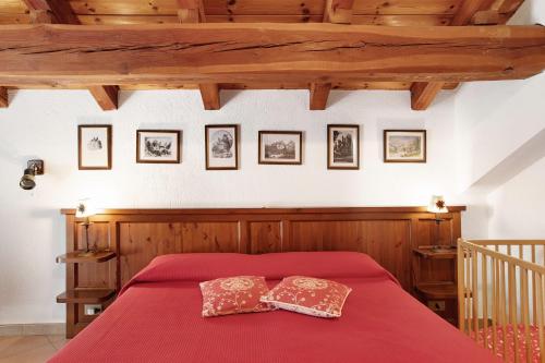 a bedroom with a red bed with two pillows on it at Verger Plein Soleil in Saint-Pierre