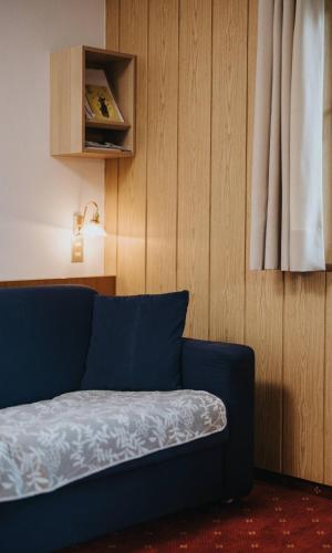 a blue couch in a living room with a lamp at Unterhauserhof App A in Valdaora