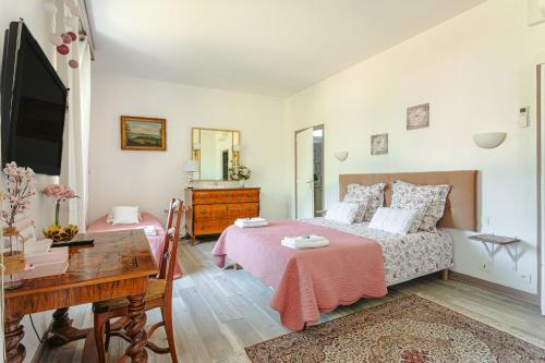 a bedroom with a bed and a table and a desk at Chambre d'hote Rubis in Genouillé