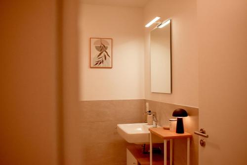 a bathroom with a sink and a mirror at Fewo Tenne in Menslage