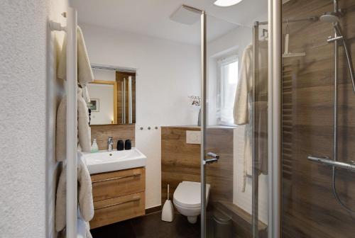 a bathroom with a toilet and a sink and a shower at Ferienwohnung Wiesenschneiders in Freiensteinau