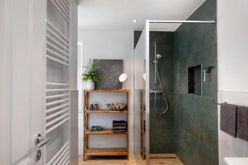 a bathroom with a shower and a glass door at Ferienhaus Weltenbummler in Pepelow