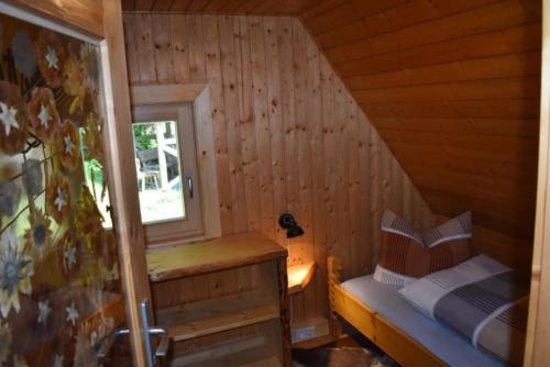 a small room with a bed and a window at Hubertushütte in Kurort Oberwiesenthal