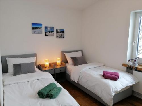two beds sitting next to each other in a bedroom at Ferienhaus Chalet Bergblick in Stryck