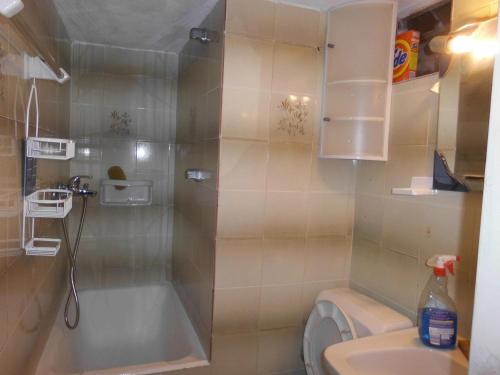 a bathroom with a shower and a toilet and a sink at Giorgio in Kritsa