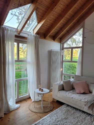a living room with a couch and some windows at lichtdurchflutetes Architektenhaus in Balingen
