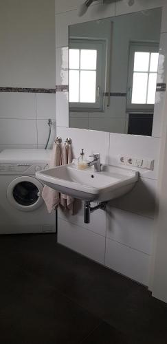 a white bathroom with a sink and a washing machine at Ferienwohnungen Fischbachhof in Sulzbach an der Murr