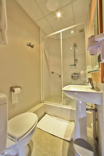 ein Badezimmer mit Toilette, Waschbecken und Dusche in der Unterkunft Logis Hôtel Le Lion d'Or in Chauvigny