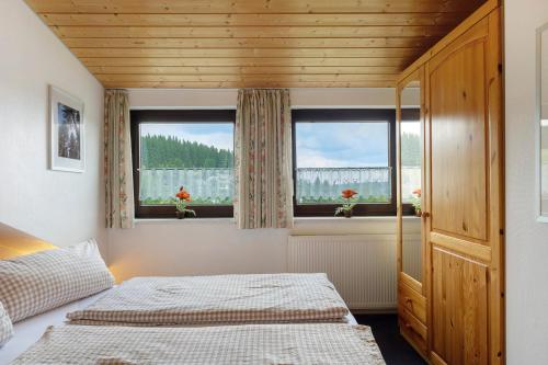 a bedroom with two beds and two windows at Gästehaus Himmelswiese Ingo Reetz in Schönwald