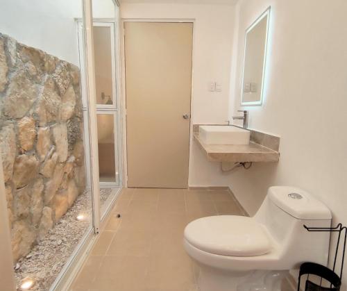 a bathroom with a white toilet and a sink at Casa Colibri Central Villa with Private Pool and Tub Merida in Mérida
