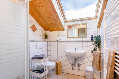 a bathroom with a sink and a toilet with a skylight at Stadt-Loft mit Dachterrasse in Nordhausen